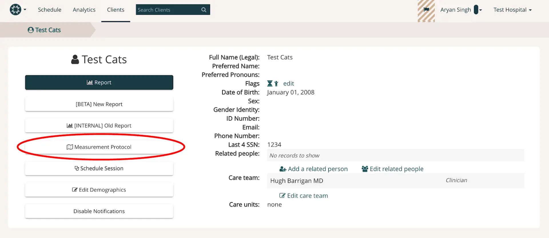 Mirah platform client profile page for Test Cats under Clients tab, highlighting Measurement Protocol button.