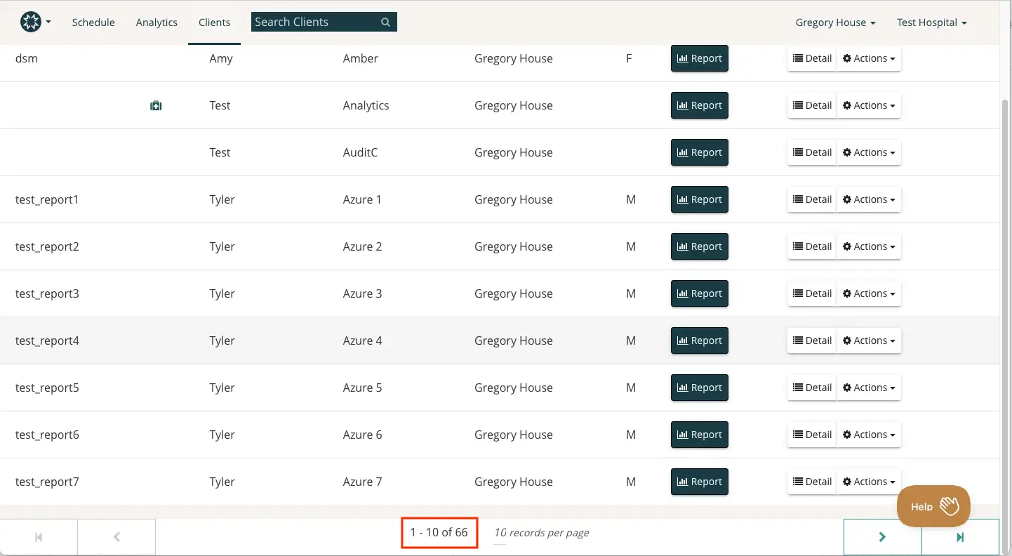 Mirah platform Clients section showing client list with report, detail, and actions buttons