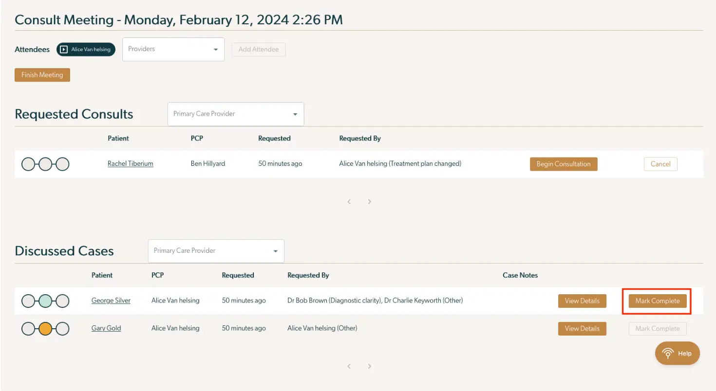 Mirah Collaborative Care Consult Meeting screen showing requested consults and discussed cases for February 12, 2024.