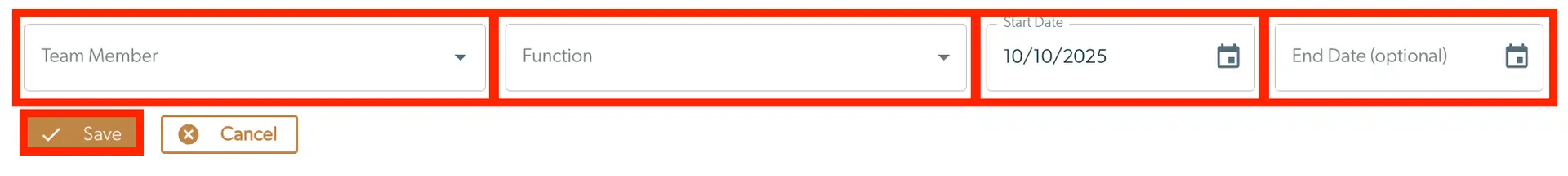 Mirah platform user interface for managing team members in collaborative care, showing fields for team member, function, start date, and optional end date, with save and cancel buttons.