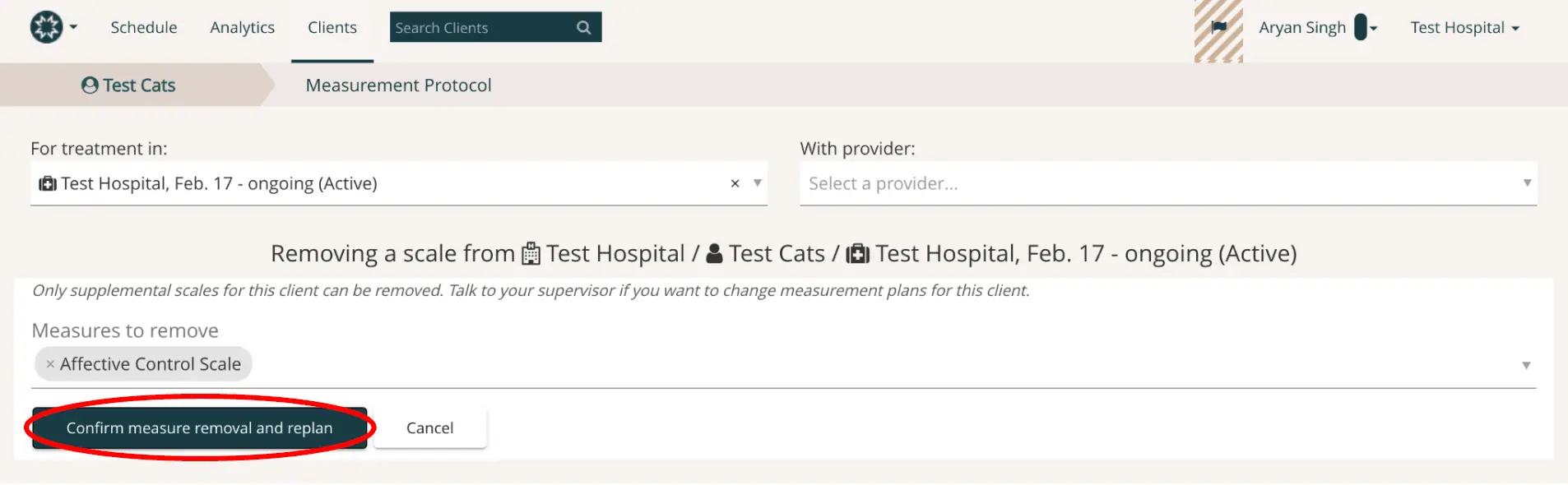 Mirah platform screenshot showing the removal of a single measure from Test Hospital under Measurement Protocol.