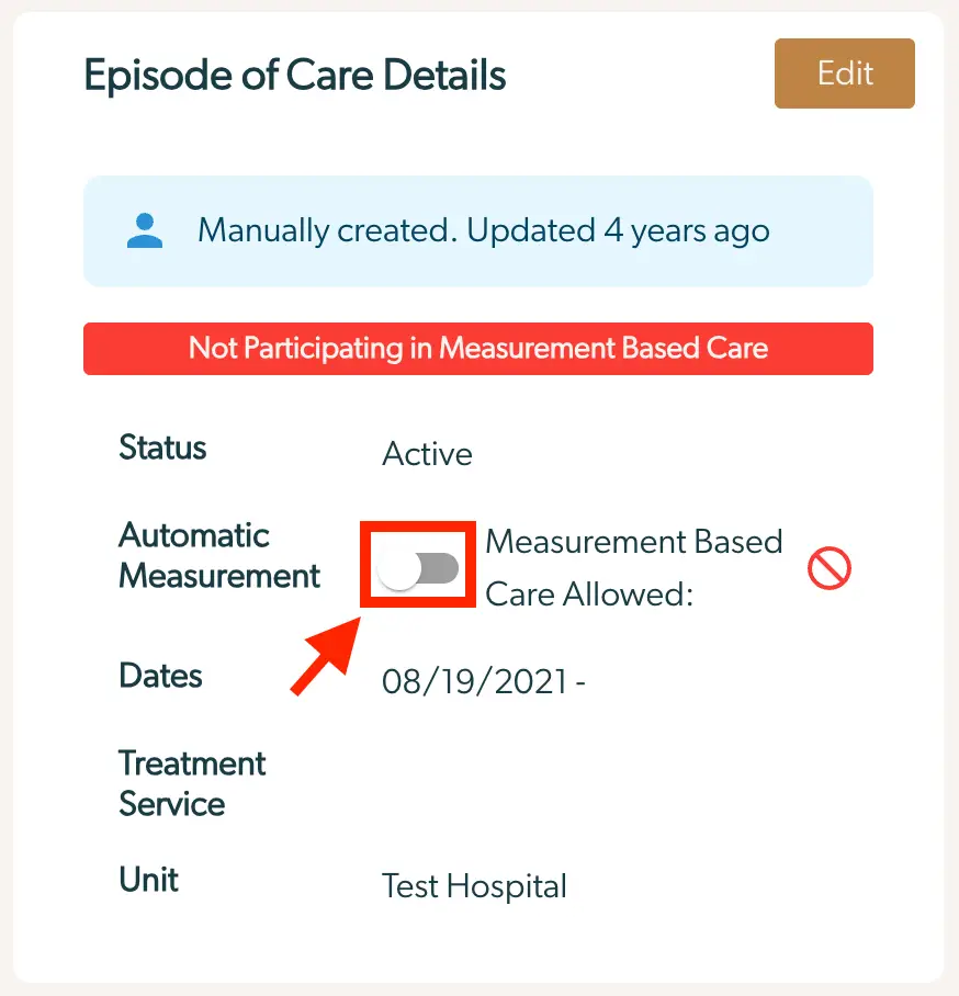 Mirah Episode of Care Details screen showing status, automatic measurement toggle, and unit information.