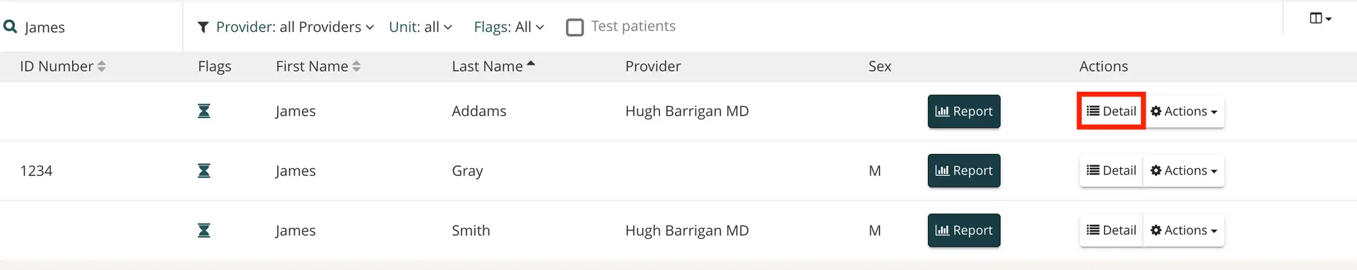Mirah platform patient data table with filters and action buttons