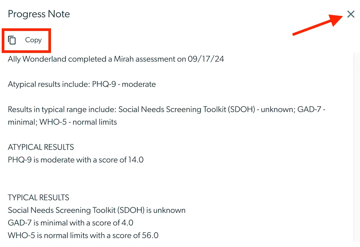 Mirah Collaborative Care Progress Note with assessment results for Ally Wonderland
