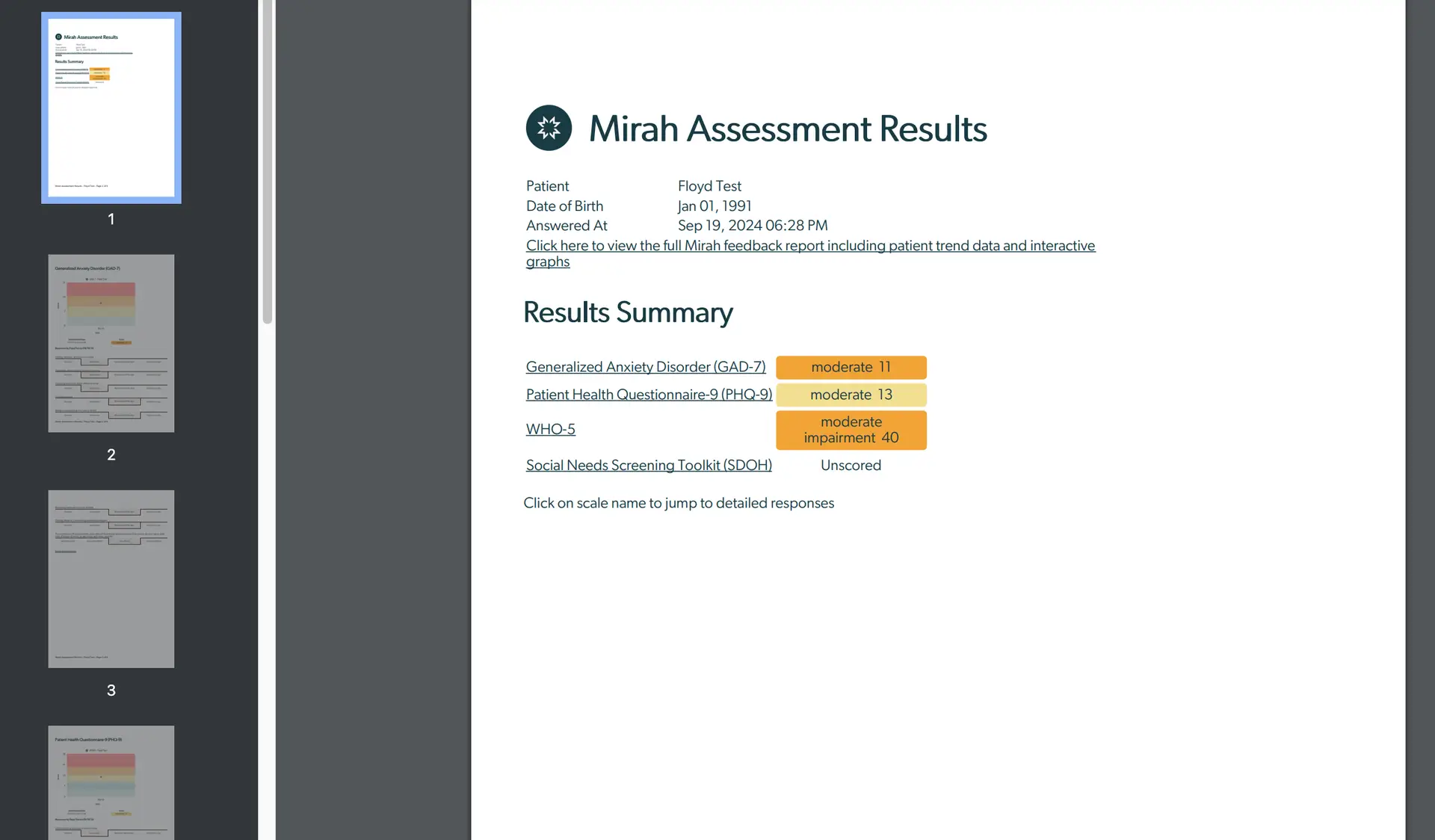 Mirah Assessment Results for Floyd Test showing results summary and navigation pane