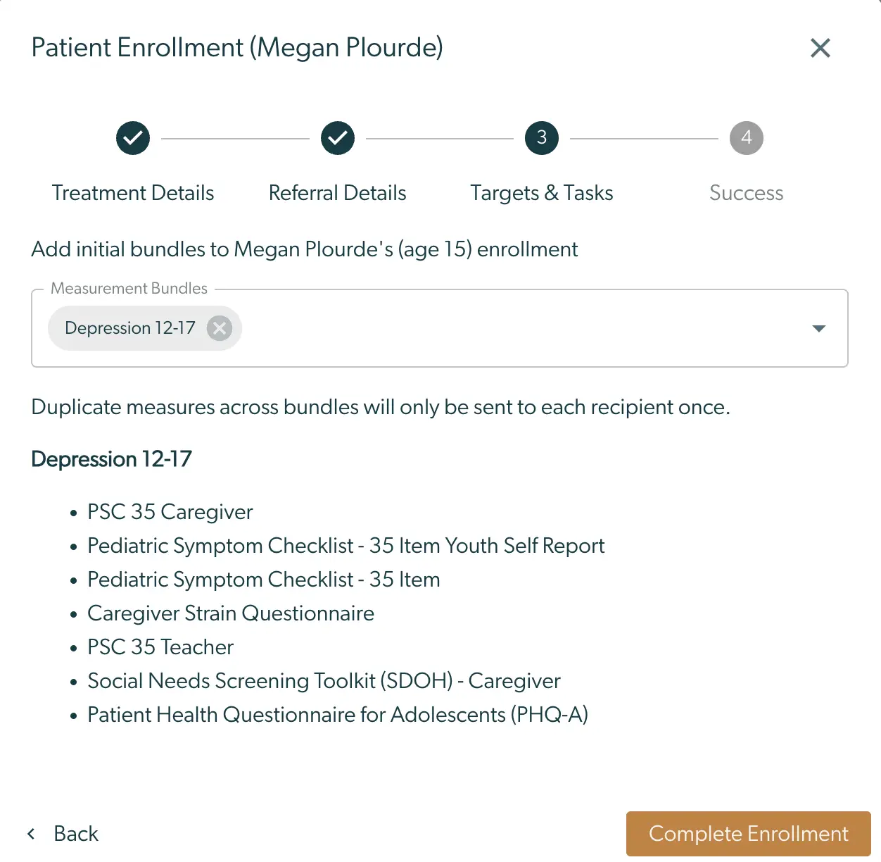 Mirah Collaborative Care Patient Enrollment screen for Megan Plourde, step 3 Targets & Tasks