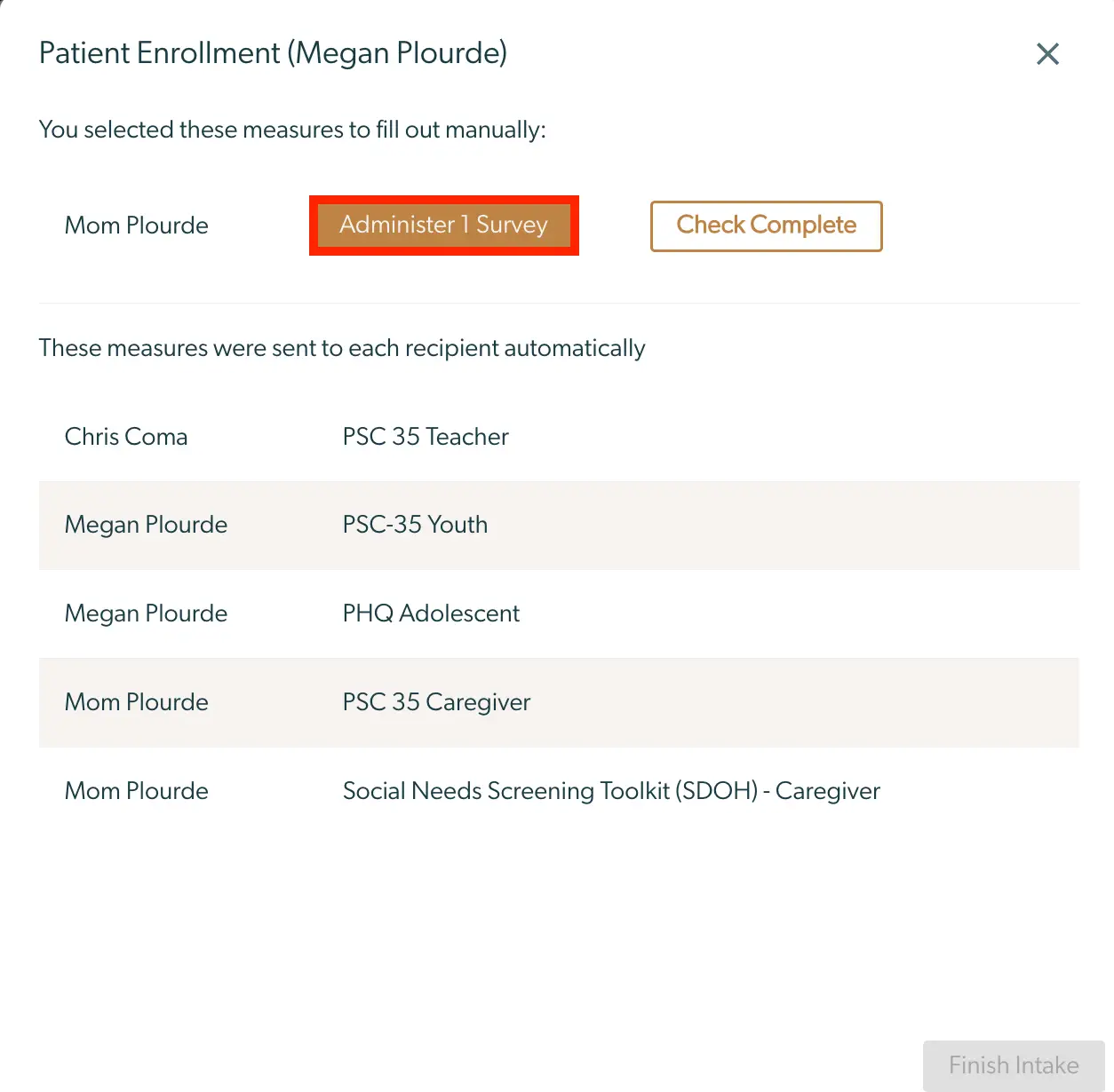 Mirah Collaborative Care Patient Enrollment screen for Megan Plourde showing manual and automatic measure distribution.