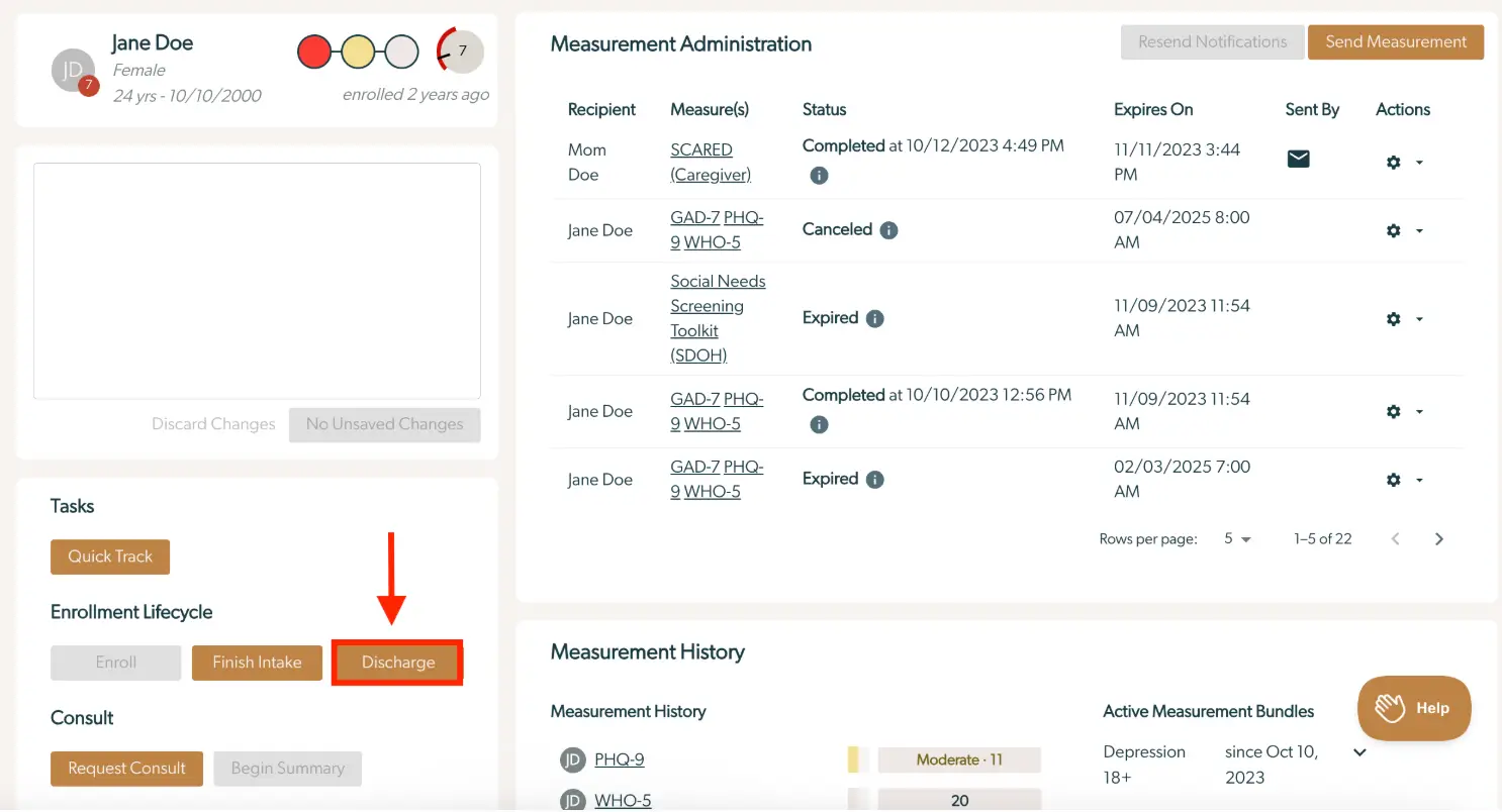 Mirah platform patient management interface for discharging Jane Doe