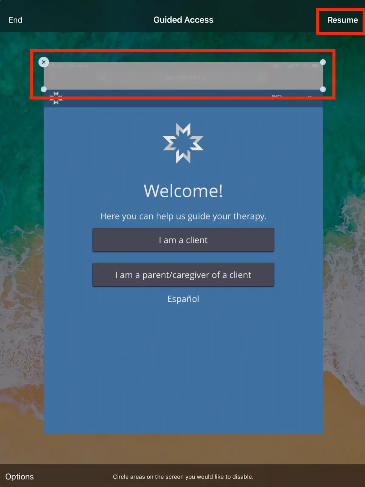 Mirah Guided Access Welcome Screen on iPad