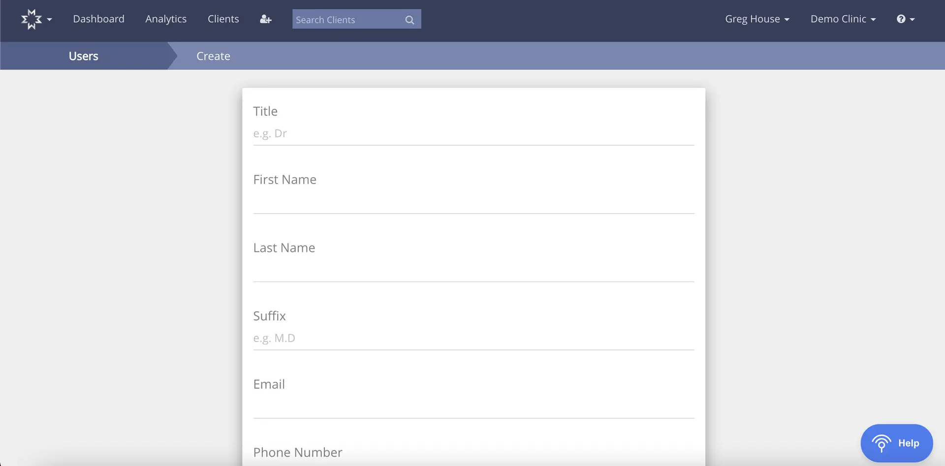 Mirah platform Users Create page for adding new users or providers