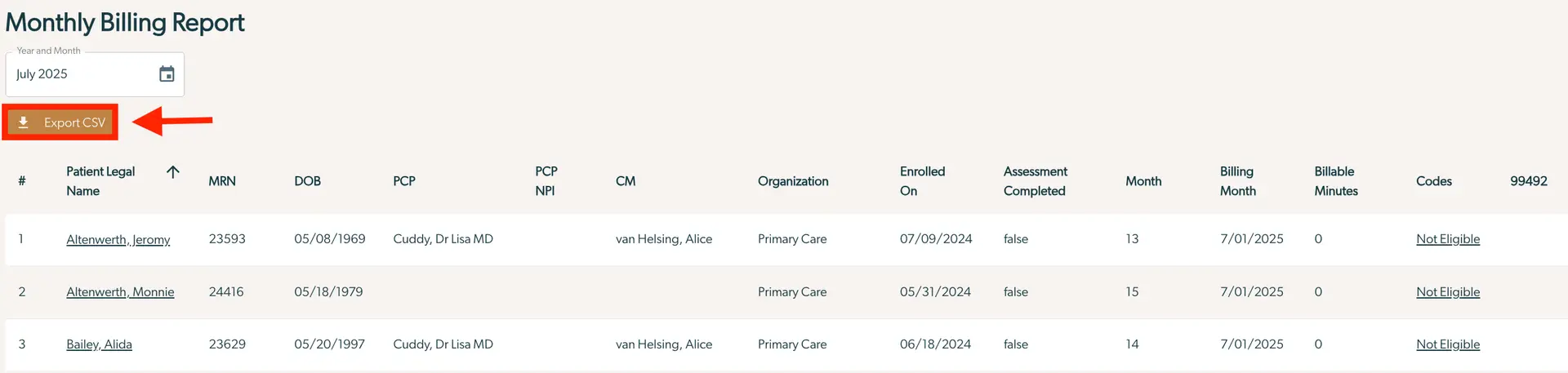 Mirah Collaborative Care Monthly Billing Report for July 2025