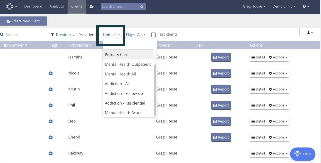 Mirah platform Clients section showing all patients assigned to a unit with filter options and patient list.