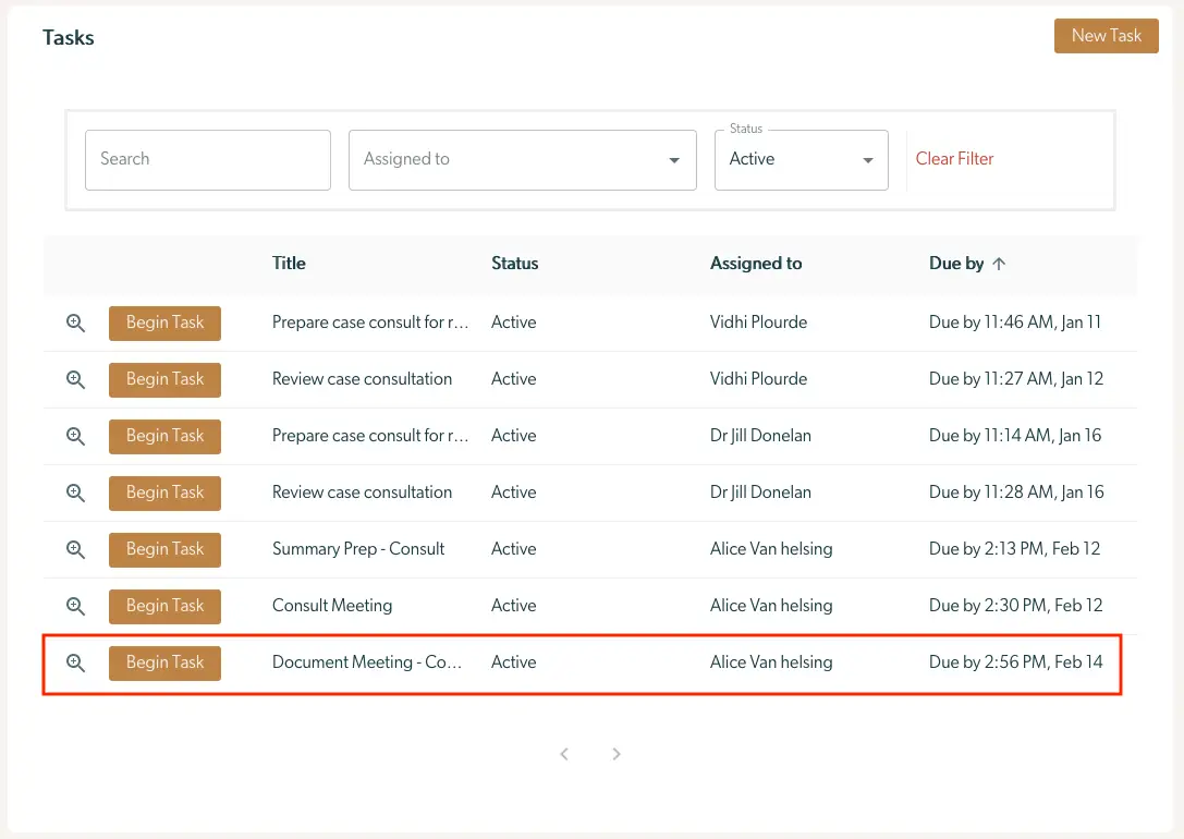 Mirah Collaborative Care Tasks page showing case consult tasks assigned to various users with due dates.