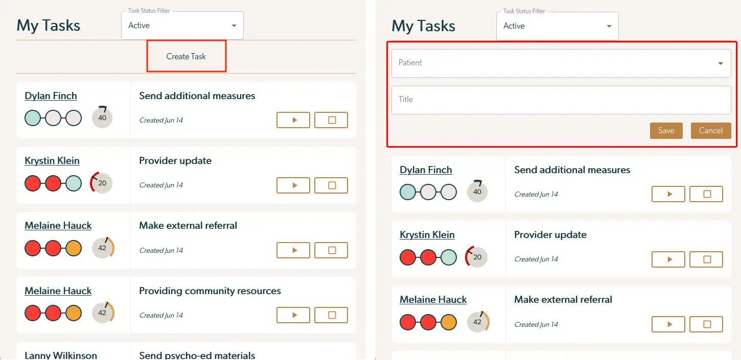 Mirah Collaborative Care Dashboard showing My Tasks with task creation form