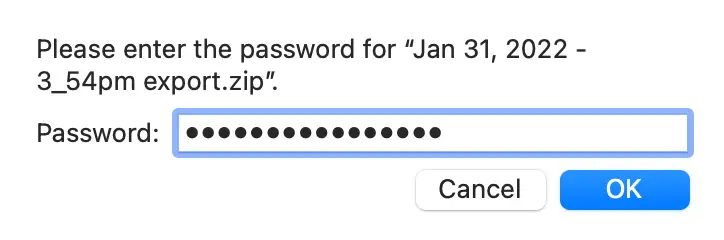 Password entry screen for accessing Jan 31, 2022 export zip file in Mirah data exports feature.