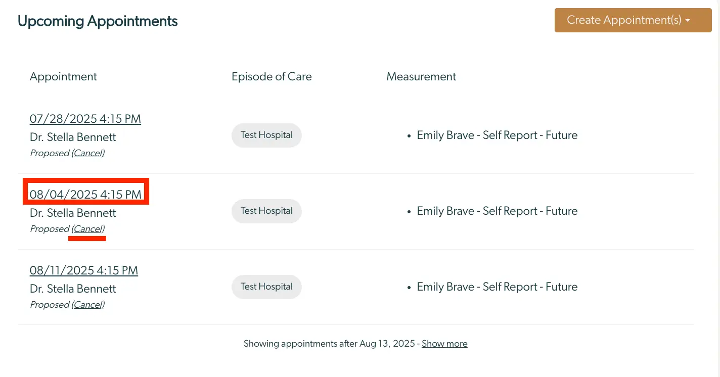 Mirah platform Upcoming Appointments section showing future appointments with Dr. Stella Bennett at Test Hospital.