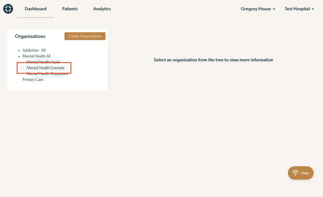 Mirah platform Organizations section with Mental Health Example selected