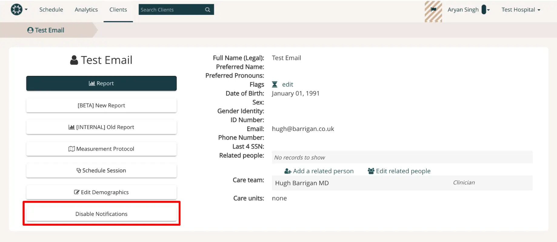 Mirah platform patient interface showing Test Email section with Disable Notifications option highlighted.
