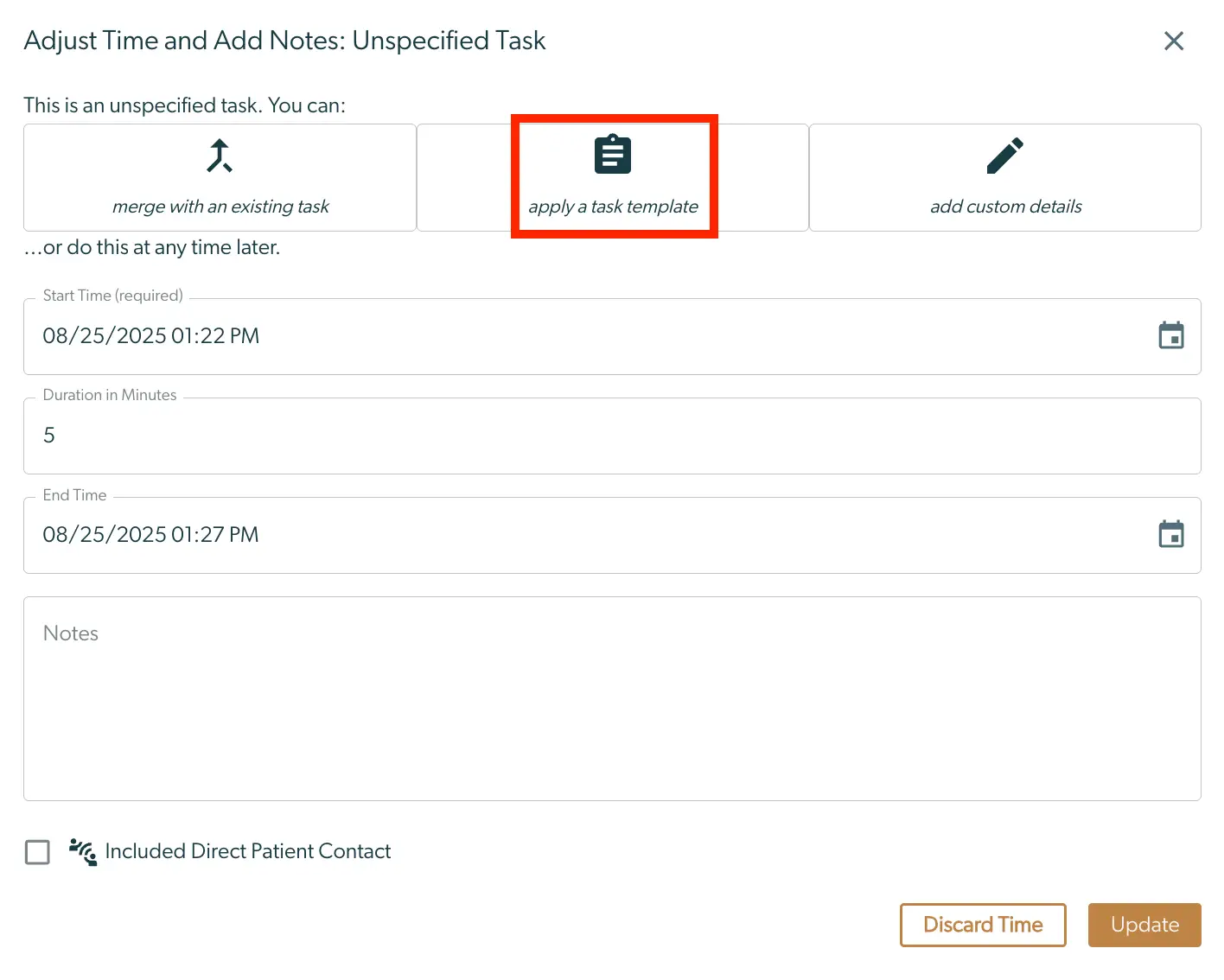 Mirah Collaborative Care Tasks - Adjust Time and Add Notes for Unspecified Task