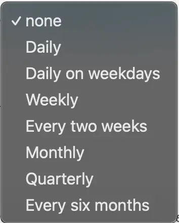 Mirah platform recurring appointment frequency selection dropdown menu.
