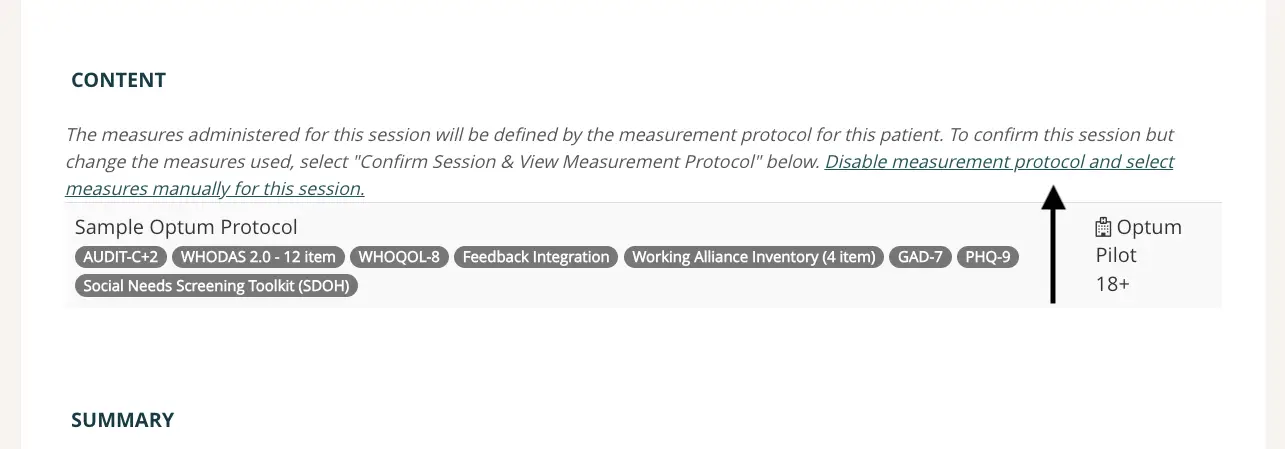 Mirah platform screen for creating a manual session with Sample Optum Protocol measures listed.