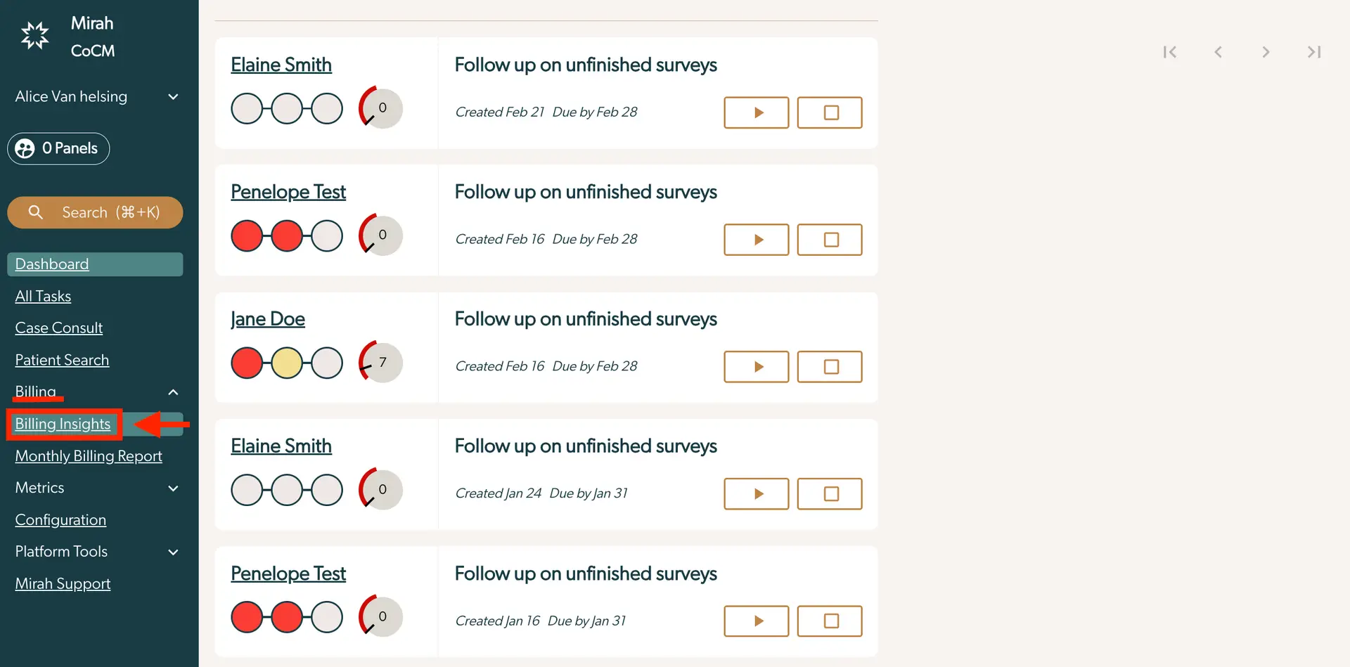 Mirah CoCM Billing Insights screen showing patient survey follow-ups.