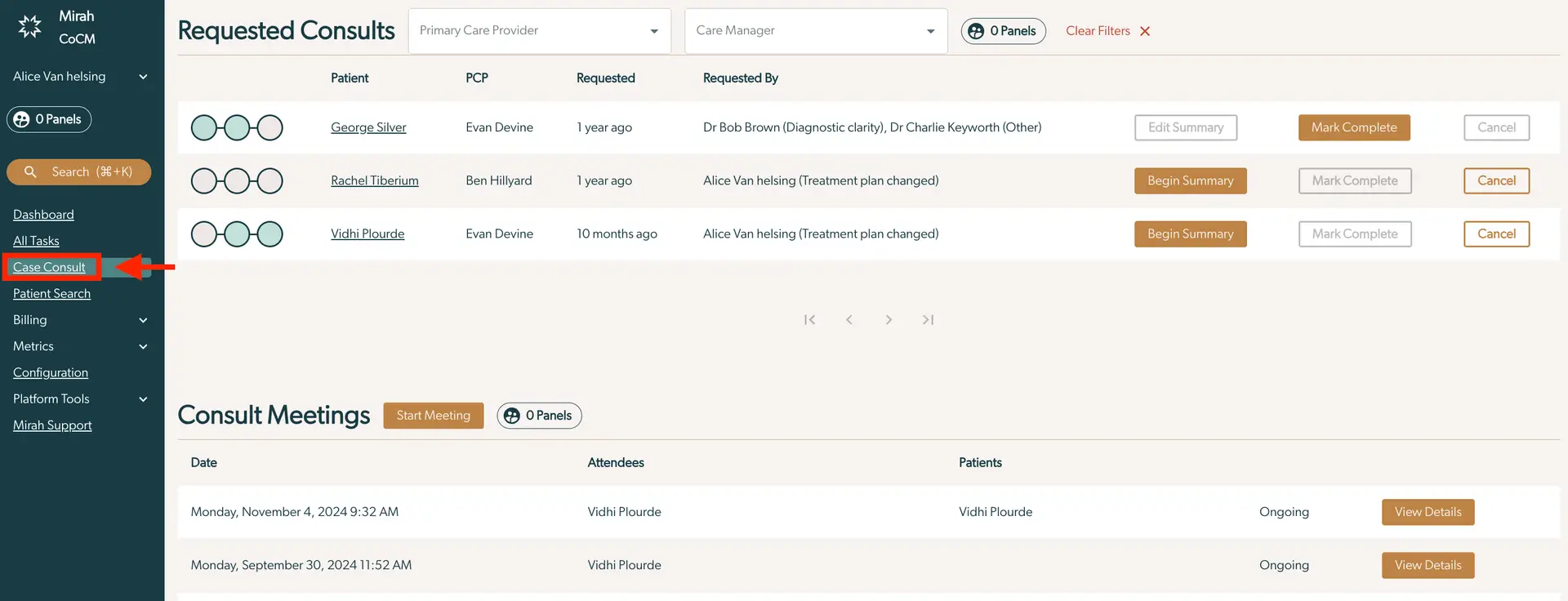 Mirah platform Case Consult page showing requested consults and consult meetings.