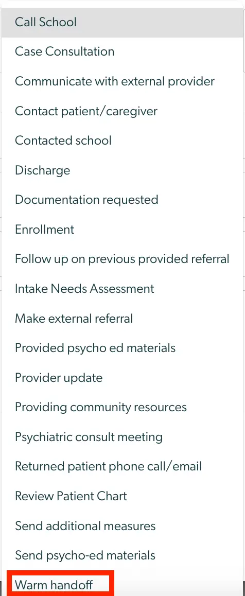 Mirah Collaborative Care Tasks dropdown menu with Warm handoff highlighted