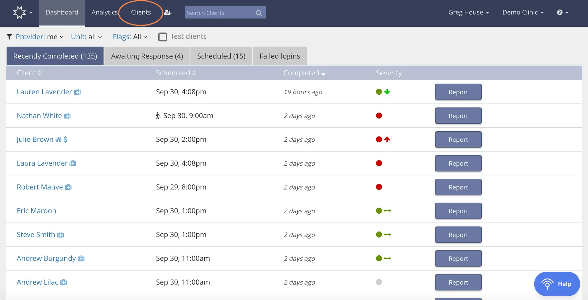 Mirah platform Clients tab showing recently completed client assessments with options to filter by provider, unit, and flags.