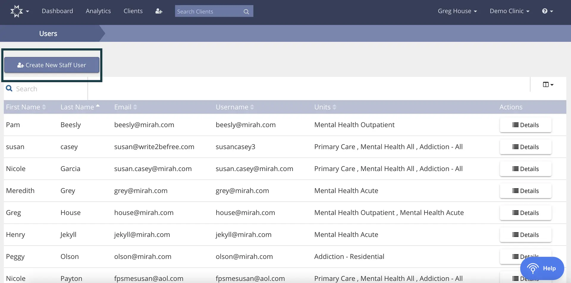 Mirah platform Users management page showing a list of users with options to create new staff user and view user details.