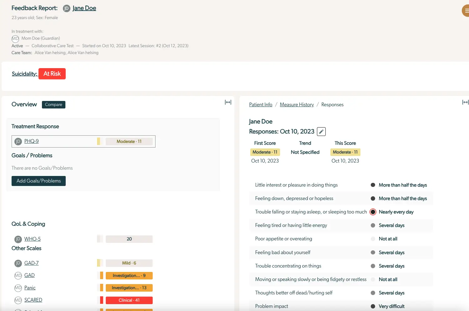 Mirah Collaborative Care Patients Status Badge Feedback Report for Jane Doe