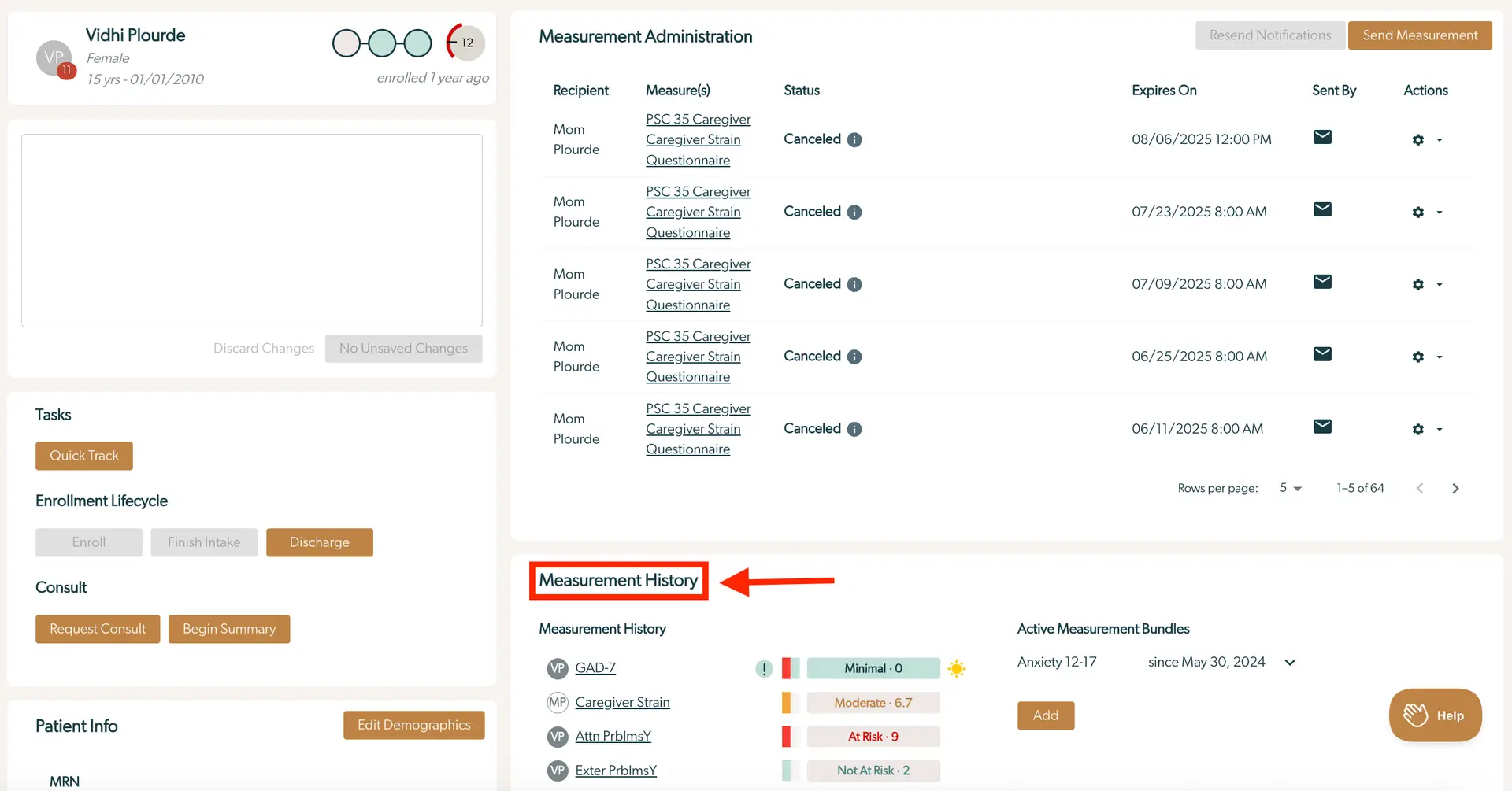 Mirah platform screen showing Measurement Administration and Measurement History for patient Vidhi Plourde in Collaborative Care.
