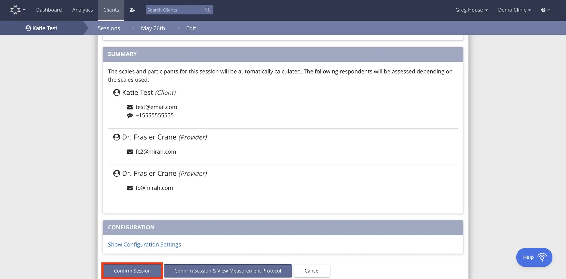 Mirah platform session edit screen for Katie Test on May 26th