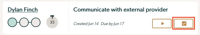 Mirah Collaborative Care Dashboard task entry for Dylan Finch, task to communicate with external provider, created June 14, due June 17.
