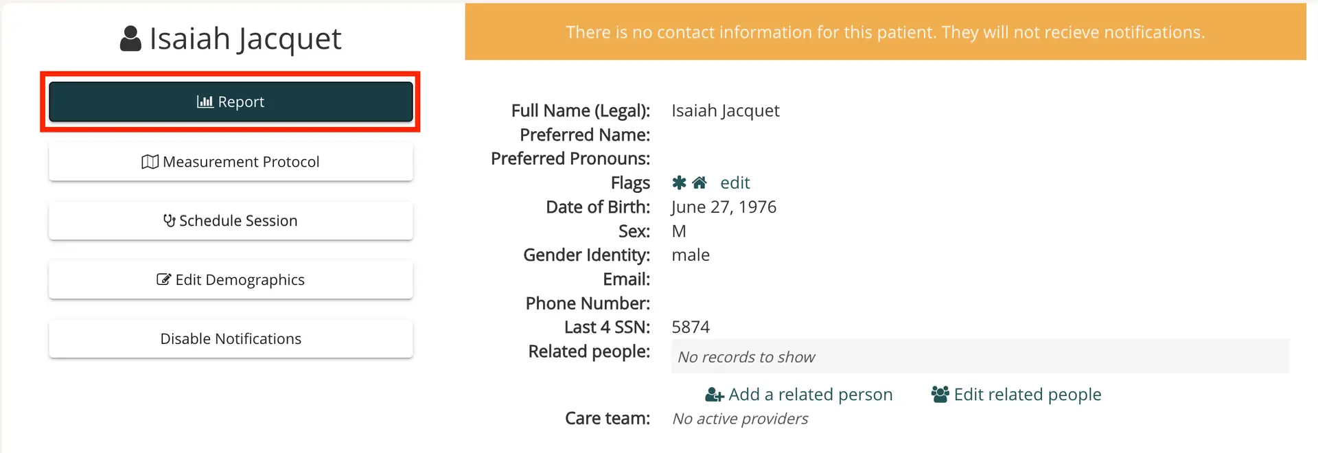 Mirah patient profile page for Isaiah Jacquet showing report access and demographic details.
