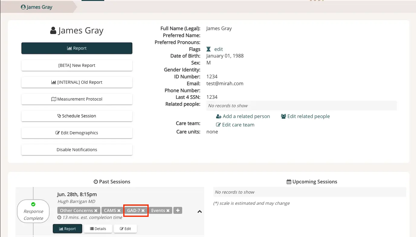 Mirah platform patient profile page for James Gray showing past sessions and patient details
