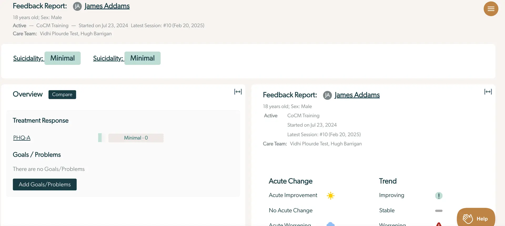 Mirah Feedback Report for patient James Addams, Overview and Treatment Response