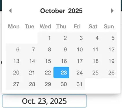 Calendar interface for October 2025 in Mirah's Measurement Protocol Tool, with October 23 selected.