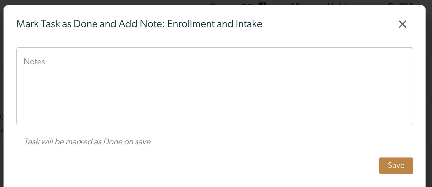 Collaborative Care - Tasks - Mark Task as Done and Add Note dialog in Mirah