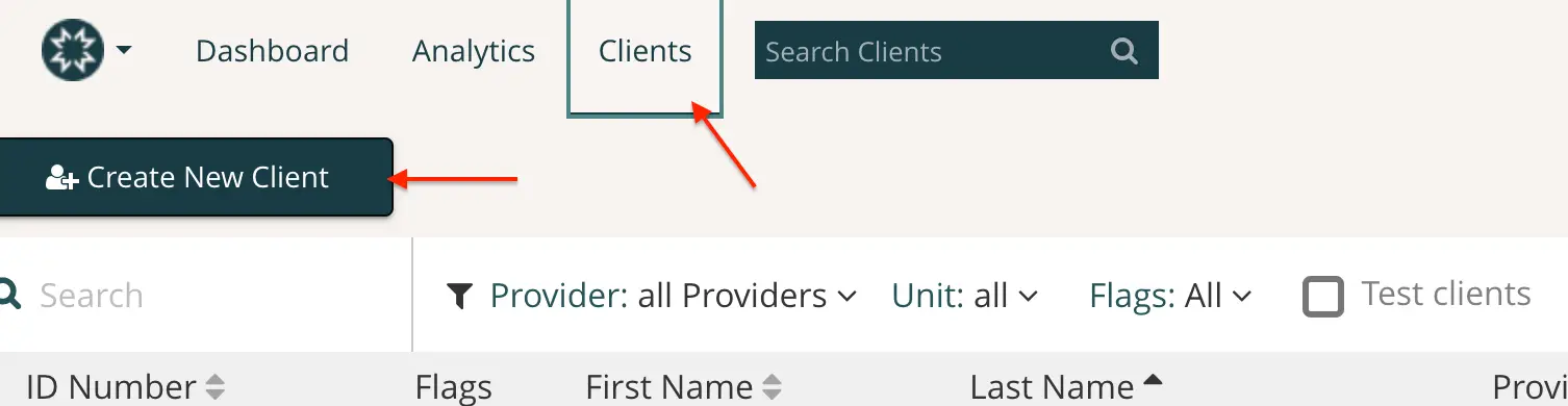 Mirah platform Clients section with Create New Client button and search bar.