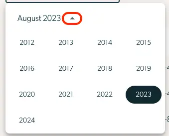 Mirah Collaborative Care Monthly Billing Report date selection dropdown showing August 2023 with a list of years from 2012 to 2024.