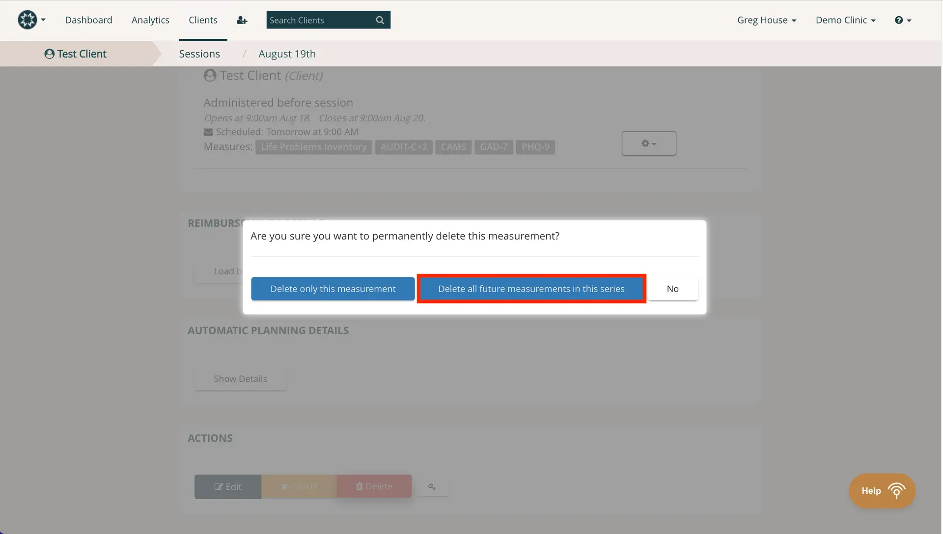 Mirah platform, Sessions, August 19th, delete measurement confirmation dialog