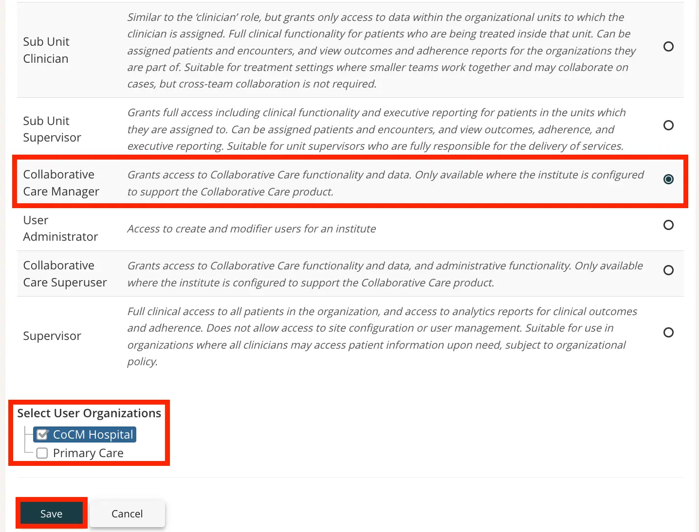 Mirah platform user role selection for Collaborative Care Manager with organization selection options