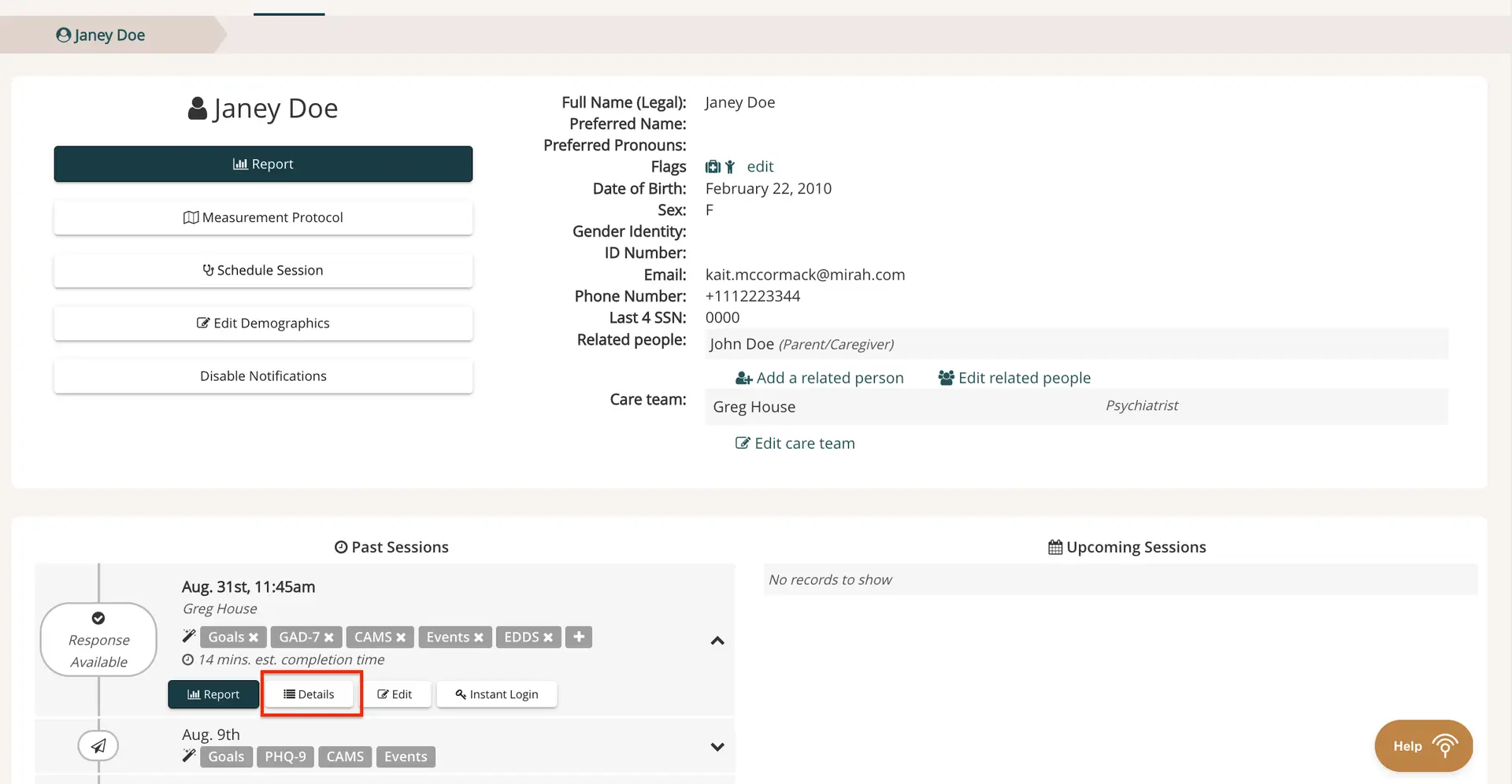 Mirah platform client profile page for Janey Doe showing personal information, care team, past sessions, and session management options.