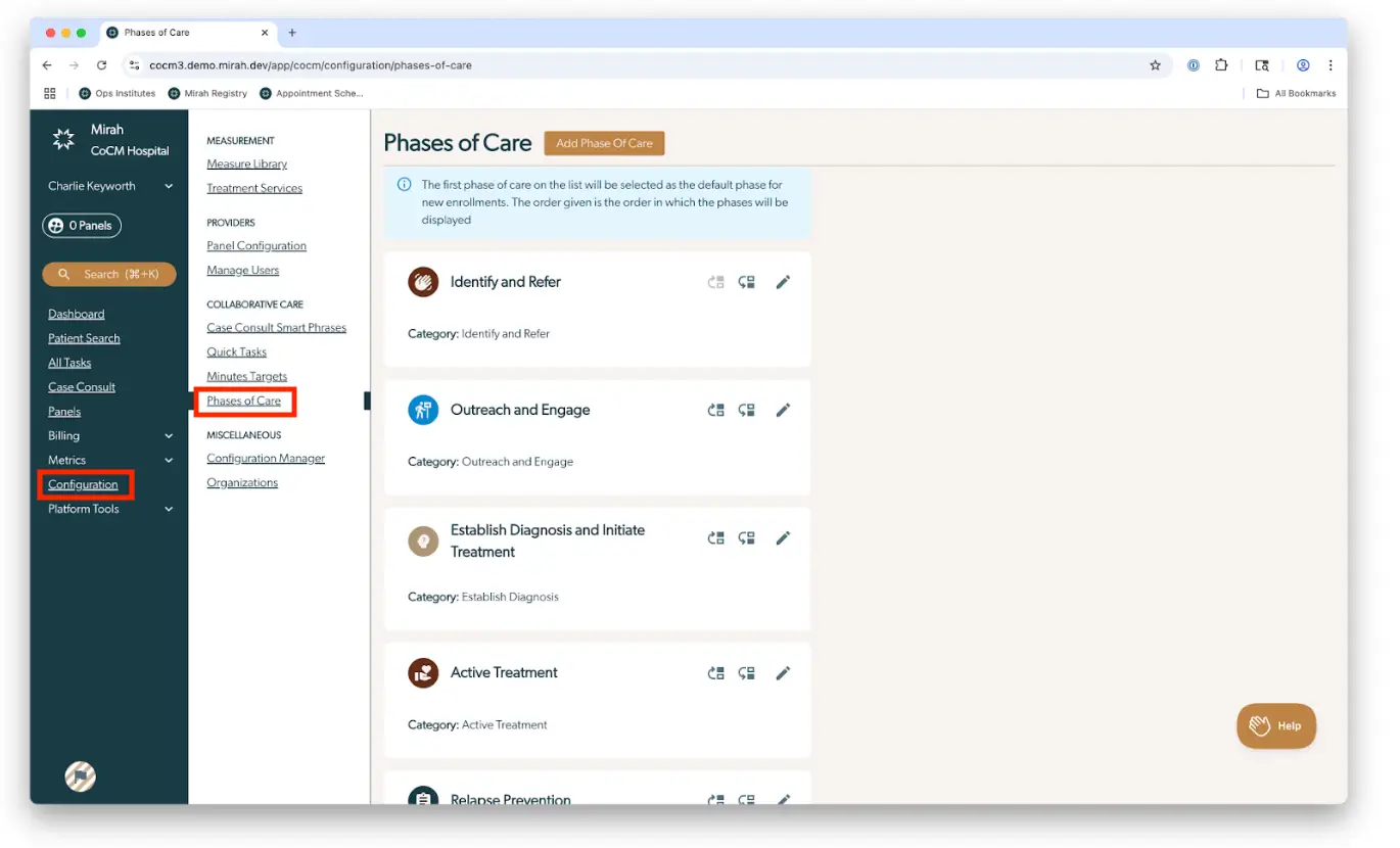 Mirah Collaborative Care Phases of Care Configuration Page