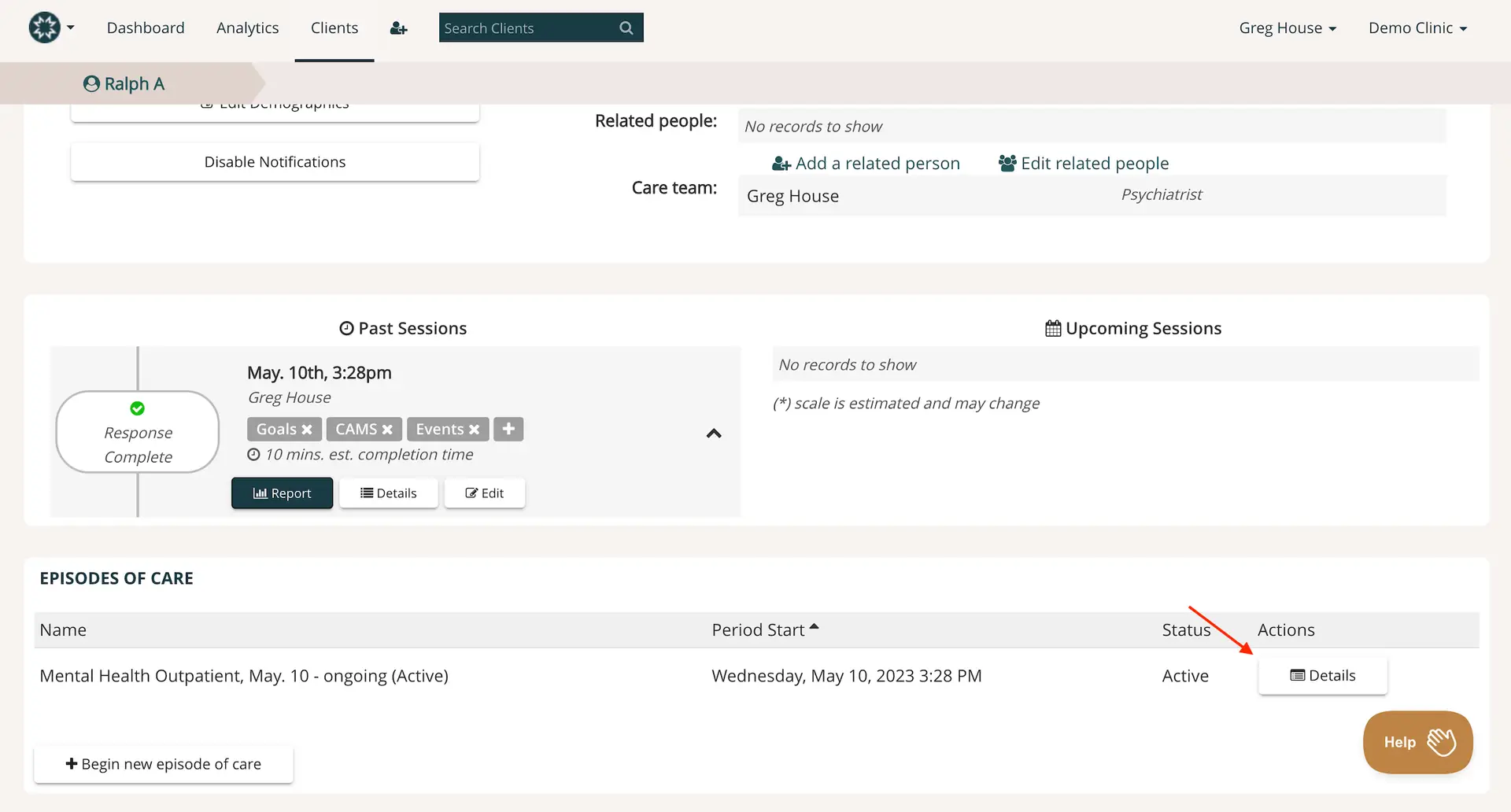 Mirah platform patient management interface for Ralph A, showing past sessions, care team, and episodes of care.