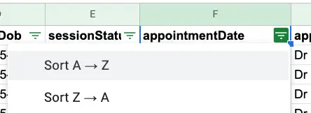 Mirah Data Exports interface showing sorting options for appointmentDate column.