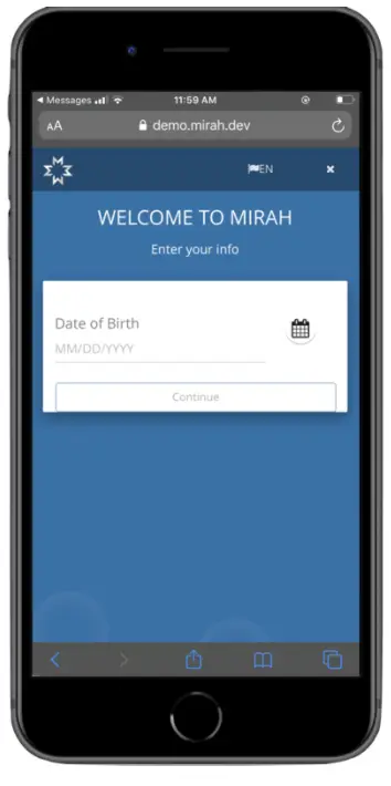 Mirah patient interface welcome screen with date of birth entry field