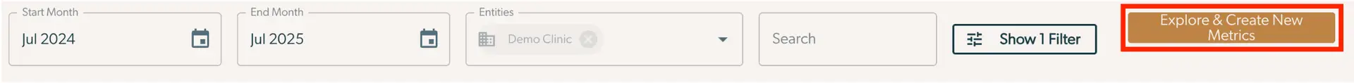 Mirah Reporting Analytics Outcomes Framework tutorial interface showing date range selection, entity filter, and options to explore and create new metrics.