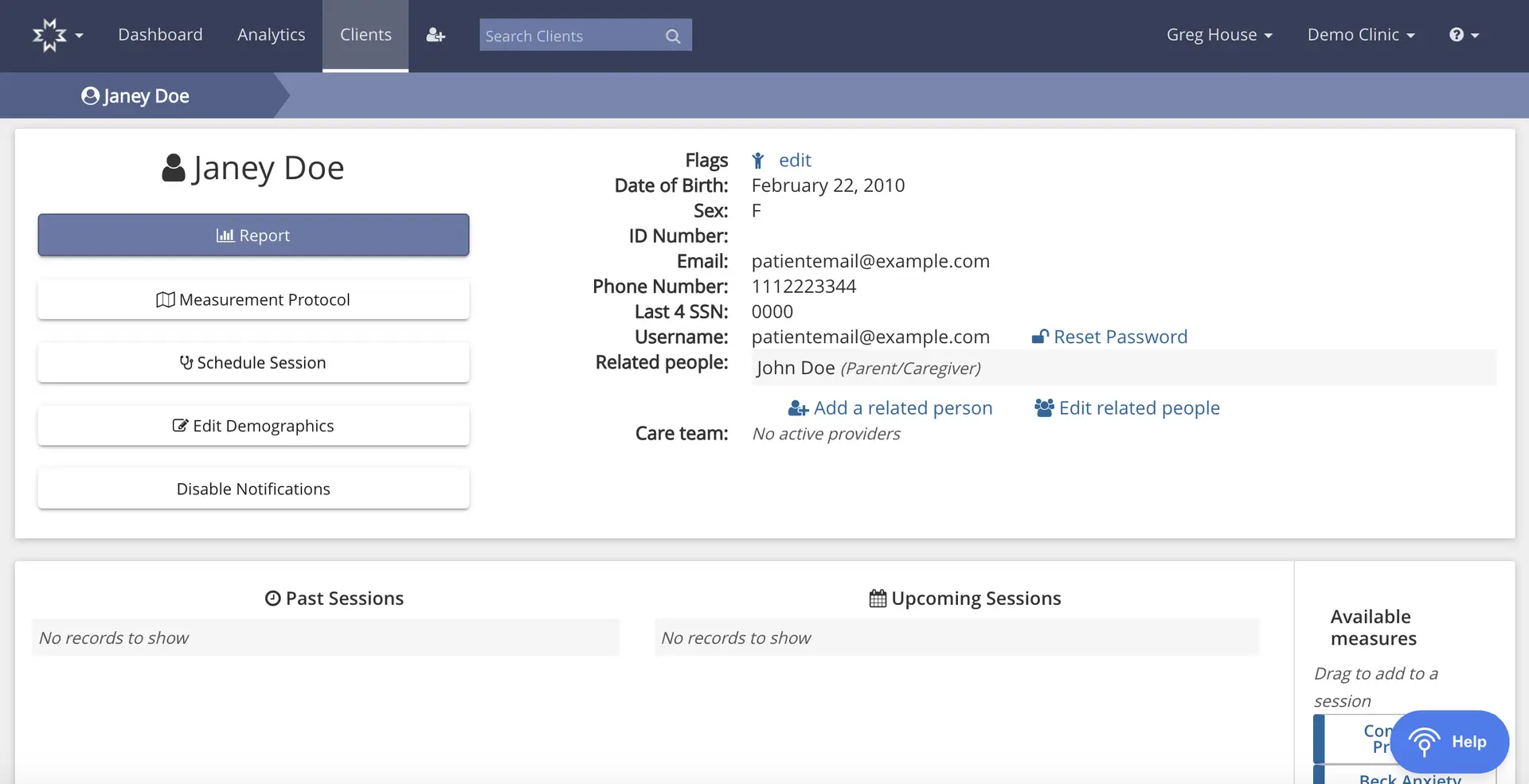 Mirah platform patient details page for Janey Doe under Clients section